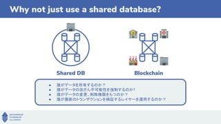Why not just use a shared database?
Shared DB Blockchain
● 誰がデータを所有するのか？
● 誰がデータの改ざん不可能性を強制するのか?
● 誰がデータの変更、削除権限をもつのか？
● 誰が最新のトランザクションを検証するレイヤーを運用するのか？
 