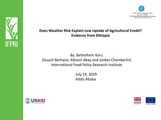 Does Weather Risk Explain Low Uptake of Agricultural Credit?
Evidence from Ethiopia
By: Bethelhem Koru
(Guush Berhane, Kibrom Abay and Jordan Chamberlin)
International Food Policy Research Institute
July 19, 2019
Addis Ababa
 