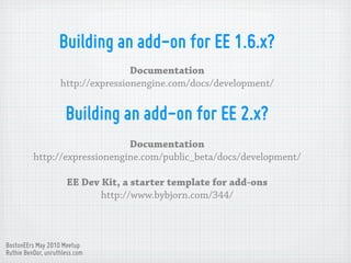 Building an add-on for EE 1.6.x?
                                    Documentation
                    http://expressionen...