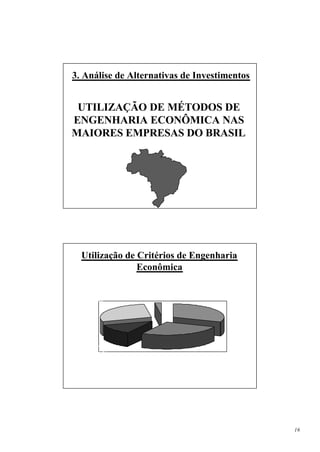 3. Análise de Alternativas de Investimentos


 UTILIZAÇÃO DE MÉTODOS DE
ENGENHARIA ECONÔMICA NAS
MAIORES EMPRESAS DO BRASIL




  Utilização de Critérios de Engenharia
                Econômica
                  Para poucos
                   ou nenhum
Para projetos
                    projeto
  acima de                                      Para todos os
                      2%
determinado
                                                  projetos
    valor                                           31%
    28%




    Para alguns
      tipos de                  Para a maioria
      projetos                   dos projetos
       12%                          27%




                                                                16
 