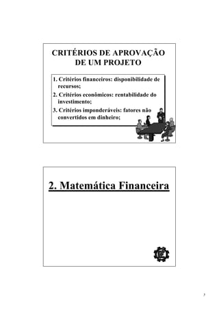 CRITÉRIOS DE APROVAÇÃO
     DE UM PROJETO

1. Critérios financeiros: disponibilidade de
  recursos;
2. Critérios econômicos: rentabilidade do
  investimento;
3. Critérios imponderáveis: fatores não
  convertidos em dinheiro;




2. Matemática Financeira




                                               5
 
