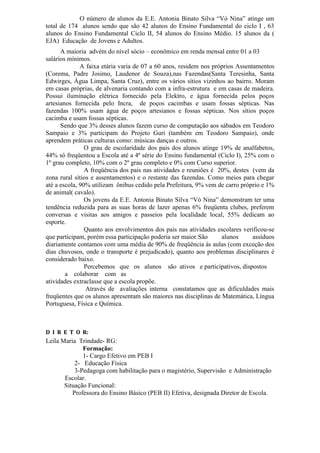 O número de alunos da E.E. Antonia Binato Silva “Vó Nina” atinge um
total de 174 alunos sendo que são 42 alunos do Ensino Fundamental do ciclo I , 63
alunos do Ensino Fundamental Ciclo II, 54 alunos do Ensino Médio. 15 alunos da (
EJA) Educação de Jovens e Adultos.
A maioria advém do nível sócio – econômico em renda mensal entre 01 a 03
salários mínimos.
A faixa etária varia de 07 a 60 anos, residem nos próprios Assentamentos
(Corema, Padre Josimo, Laudenor de Souza),nas Fazendas(Santa Teresinha, Santa
Edwirges, Água Limpa, Santa Cruz), entre os vários sítios vizinhos ao bairro. Moram
em casas próprias, de alvenaria contando com a infra-estrutura e em casas de madeira.
Possui iluminação elétrica fornecido pela Elektro, e água fornecida pelos poços
artesianos fornecida pelo Incra, de poços cacimbas e usam fossas sépticas. Nas
fazendas 100% usam água de poços artesianos e fossas sépticas. Nos sítios poços
cacimba e usam fossas sépticas.
Sendo que 3% desses alunos fazem curso de computação aos sábados em Teodoro
Sampaio e 3% participam do Projeto Guri (também em Teodoro Sampaio), onde
aprendem práticas culturas como: músicas danças e outros.
O grau de escolaridade dos pais dos alunos atinge 19% de analfabetos,
44% só freqüentou a Escola até a 4ª série do Ensino fundamental (Ciclo I), 25% com o
1º grau completo, 10% com o 2º grau completo e 0% com Curso superior.
A freqüência dos pais nas atividades e reuniões é 20%, destes (vem da
zona rural sítios e assentamentos) e o restante das fazendas. Como meios para chegar
até a escola, 90% utilizam ônibus cedido pela Prefeitura, 9% vem de carro próprio e 1%
de animal( cavalo).
Os jovens da E.E. Antonia Binato Silva “Vó Nina” demonstram ter uma
tendência reduzida para as suas horas de lazer apenas 6% freqüenta clubes, preferem
conversas e visitas aos amigos e passeios pela localidade local, 55% dedicam ao
esporte.
Quanto aos envolvimentos dos pais nas atividades escolares verificou-se
que participam, porém essa participação poderia ser maior.São alunos assíduos
diariamente contamos com uma média de 90% de freqüência às aulas (com exceção dos
dias chuvosos, onde o transporte é prejudicado), quanto aos problemas disciplinares é
considerado baixo.
Percebemos que os alunos são ativos e participativos, dispostos
a colaborar com as
atividades extraclasse que a escola propõe.
Através de avaliações interna constatamos que as dificuldades mais
freqüentes que os alunos apresentam são maiores nas disciplinas de Matemática, Língua
Portuguesa, Física e Química.
D I R E T O R:
Leila Maria Trindade- RG:
Formação:
1- Cargo Efetivo em PEB I
2- Educação Física
3-Pedagoga com habilitação para o magistério, Supervisão e Administração
Escolar.
Situação Funcional:
Professora do Ensino Básico (PEB II) Efetiva, designada Diretor de Escola.
 