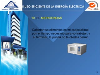 14
II.USO EFICIENTE DE LA ENERGÍA ELÉCTRICA
10. EL MICROONDAS
Calentar tus alimentos es mi especialidad,
pon el tiempo necesario para yo trabajar, y
al terminar, la puerta no te olvides cerrar.
 
