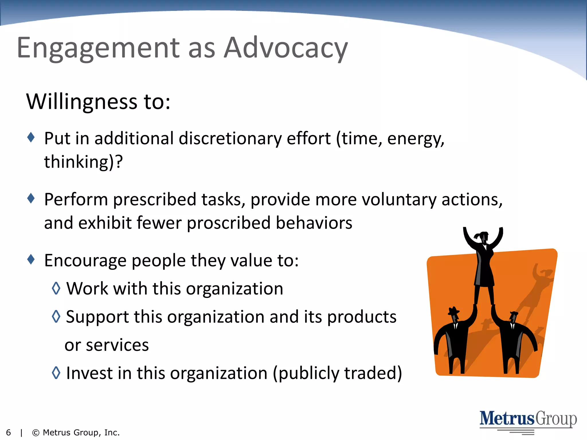 Engagement as AdvocacyWillingness to:Put in additional discretionary effort (time, energy, thinking)?Perform prescribed tasks, provide more voluntary actions, and exhibit fewer proscribed behaviorsEncourage people they value to:Work with this organizationSupport this organization and its products   or servicesInvest in this organization (publicly traded) 