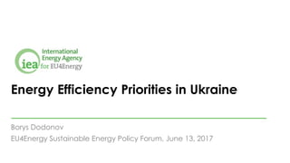 Energy Efficiency Priorities in Ukraine
Borys Dodonov
EU4Energy Sustainable Energy Policy Forum, June 13, 2017
 