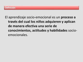 El aprendizaje socio-emocional es un proceso a
través del cual los niños adquieren y aplican
de manera efectiva una serie de
conocimientos, actitudes y habilidades socio-
emocionales.
 