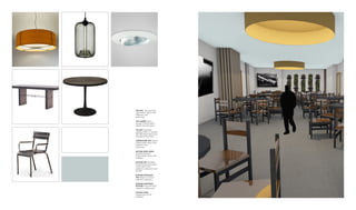 TOP LEFT: Savoye Drum
Light Fixture used in the
ballroom and
restaurant
TOP CENTER: Niche
Modern Pod Pendant
used in the restaurant
TOP LEFT: Eurofase
Lighting 19327 6” Gimbal
Trim Recessed Light used
throughout the hotel
CENTER ROW, LEFT: Marva
Dining Table used in the
ballroom and
restaurant
SECOND ROW, RIGHT:
Industrial Modern
Dining Table used in the
ballroom
BOTTOM LEFT: Sheffield
Industrial Loft Gunmetal
Chair used in the
ballroom, restaurant and
Sky Bar
BOTTOM ROW RIGHT,
TOP: Bisque .02 YOLO
ballroom wall paint
BOTTOM ROW RIGHT,
BOTTOM: Wool .02 YOLO
ballroom ceiling paint
FACING PAGE:
Perspective of the
ballroom
 
