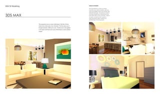 3DS MAX
BIM 3D Modeling
The assignment was to create renderings in 3ds Max of three
rooms from a floor plan of our choosing. The floor plan was to
be approximately 1,000 sq ft in size. Finishes were to be applied
to the space with final touch ups in Photoshop to create realistic
images.
DESIGN STATEMENT:
This one-bedroom condo in a lovely
mountain town will be modern, yet cozy
and have added charm and warmth with
exposed brickwork. This space is home to
a young couple that is adventurous and
loves their views of the mountains. There is
an open concept for the couple to
welcome guests while cooking and
entertaining in the living space.
 