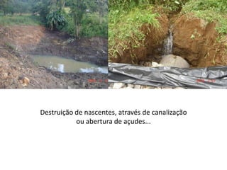 Destruição de nascentes, através de canalização
ou abertura de açudes...
 