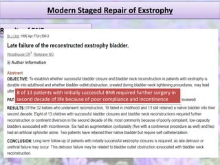 Modern Staged Repair of Exstrophy
Results of BNR
8 of 13 patients with initially successful BNR required further surgery in
second decade of life because of poor compliance and incontinence
 