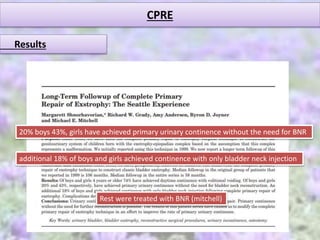 CPRE
Results
20% boys 43%, girls have achieved primary urinary continence without the need for BNR
additional 18% of boys and girls achieved continence with only bladder neck injection
Rest were treated with BNR (mitchell)
 