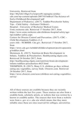 University. Retrieved from
http://46y5eh11fhgw3ve3ytpwxt9r.wpengine.netdna-
cdn.com/wp-content/uploads/2007/03/InBrief-The-Science-of-
Early-Childhood-Development2.pdf
Department of Pediatrics. (2017). Toddler/Preschooler Safety
Tips - Child Safety - Golisano Children's
Hospital - University of Rochester Medical Center.
Urmc.rochester.edu. Retrieved 17 October 2017, from
https://www.urmc.rochester.edu/childrens-hospital/safety/age-
tips/toddler-safety.aspx
Centers for Disease Control and Prevention. (2017). CDC -
Child Development,Toddlers (1-2
years old) - NCBDDD. Cdc.gov. Retrieved 17 October 2017,
from
https://www.cdc.gov/ncbddd/childdevelopment/positiveparentin
g/toddlers.html
Mortensen, K. (2017). Nutrition & Brain Development in
Infants, Toddlers & Preschoolers. Healthyeating.sfgate.com.
Retrieved 24 October 2017, from
http://healthyeating.sfgate.com/nutrition-brain-development-
infants-toddlers-preschoolers-4625.html
THOMPSON, D. (2017). Many U.S. children go days without
eating any vegetables, survey finds. Cbsnews.com. Retrieved
24 October 2017, from
https://www.cbsnews.com/news/children-not-eating-vegetables-
survey/
All of these sources are credible because they are recently
written within the last five years. These sources are also from a
credible book, scholarly article, or website that was written by a
known or credible author. The sources that were from a website
were from a .gov or a .edu site which means that they more
reliable since these are sites reserved for colleges, universities
 