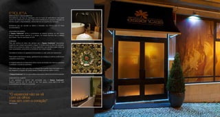 ETIQUETA
MARCAÇÕES E CANCELAMENTOS
Aconselhamos que faça as marcações com 24 horas de antecedência para poder
usufruir dos tratamentos em pleno. Caso tenha preferência por terapeuta masculino ou
feminino (sujeito a disponibilidade), deverá informar-nos aquando da marcação.

Solicitamos que, ao cancelar ou alterar a marcação, nos informe com 24 horas
de antecedência.

VOUCHERS DE OFERTA
O Espaço Essências® dá-lhe a possibilidade de oferecer qualquer um dos nossos
serviços àquela pessoa especial ou a amigos. Os nossos Vouchers têm a validade
de 3 meses. Taxa de reactivação de 20€.

CHEGADA
Para que usufrua em pleno dos serviços que o Espaço Essências® disponibiliza,
sugerimos que, sempre que possível, chegue 15 minutos antes do início da marcação.
Desta forma poderemos realizar um breve diagnóstico que permitirá avaliar melhor as
suas necessidades, potenciando os benefícios das nossas terapias.

Convidamo-lo ainda a um agradável chá aromático ou café, antes dos tratamentos.

Para manter a harmonia do espaço, agradecemos que desligue ou silencie os telemóveis
e aparelhos electrónicos.

A chegada tardia para os tratamentos limita o tempo da duração dos mesmos, reduzindo
a satisfação e benefícios esperados.

Caso tenha alguma lesão específica ou limitação física partilhe essa informação com o
seu terapeuta à chegada. Ele poderá ajustar a terapia para seu melhor conforto.

O Espaço Essências® não se responsabiliza pela perda ou danos dos seus bens pessoais.

CONFORTO DO CLIENTE
A sua satisfação e conforto são primordiais para o Espaço Essências®.
Qualquer aspecto que não esteja do seu total agrado, como seja a luz, som
ou temperatura não hesite em comunicar.




“O essencial não se vê
com os olhos
mas sim com o coração”
Saint Exupery
 