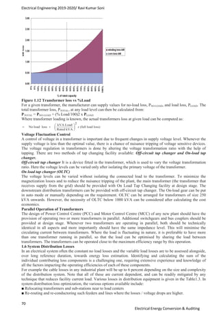 Electrical Engineering 2019-2020/ Ravi Kumar Soni
70
Electrical Energy Conversion & Auditing
Figure 1.12 Transformer loss vs %Load
For a given transformer, the manufacturer can supply values for no-load loss, PNO-LOAD, and load loss, PLOAD. The
total transformer loss, PTOTAL, at any load level can then be calculated from:
PTOTAL = PNO-LOAD + (% Load/100)2 x PLOAD
Where transformer loading is known, the actual transformers loss at given load can be computed as:
Voltage Fluctuation Control
A control of voltage in a transformer is important due to frequent changes in supply voltage level. Whenever the
supply voltage is less than the optimal value, there is a chance of nuisance tripping of voltage sensitive devices.
The voltage regulation in transformers is done by altering the voltage transformation ratio with the help of
tapping. There are two methods of tap changing facility available: Off-circuit tap changer and On-load tap
changer.
Off-circuit tap changer It is a device fitted in the transformer, which is used to vary the voltage transformation
ratio. Here the voltage levels can be varied only after isolating the primary voltage of the transformer.
On load tap changer (OLTC)
The voltage levels can be varied without isolating the connected load to the transformer. To minimize the
magnetization losses and to reduce the nuisance tripping of the plant, the main transformer (the transformer that
receives supply from the grid) should be provided with On Load Tap Changing facility at design stage. The
downstream distribution transformers can be provided with off-circuit tap changer. The On-load gear can be put
in auto mode or manually depending on the requirement. OLTC can be arranged for transformers of size 250
kVA onwards. However, the necessity of OLTC below 1000 kVA can be considered after calculating the cost
economics.
Parallel Operation of Transformers
The design of Power Control Centre (PCC) and Motor Control Centre (MCC) of any new plant should have the
provision of operating two or more transformers in parallel. Additional switchgears and bus couplers should be
provided at design stage. Whenever two transformers are operating in parallel, both should be technically
identical in all aspects and more importantly should have the same impedance level. This will minimise the
circulating current between transformers. Where the load is fluctuating in nature, it is preferable to have more
than one transformer running in parallel, so that the load can be optimised by sharing the load between
transformers. The transformers can be operated close to the maximum efficiency range by this operation.
1.6 System Distribution Losses
In an electrical system often the constant no load losses and the variable load losses are to be assessed alongside,
over long reference duration, towards energy loss estimation. Identifying and calculating the sum of the
individual contributing loss components is a challenging one, requiring extensive experience and knowledge of
all the factors impacting the operating efficiencies of each of these components.
For example the cable losses in any industrial plant will be up to 6 percent depending on the size and complexity
of the distribution system. Note that all of these are current dependent, and can be readily mitigated by any
technique that reduces facility current load. Various losses in distribution equipment is given in the Table1.3. In
system distribution loss optimization, the various options available include:
■ Relocating transformers and sub-stations near to load centers
■ Re-routing and re-conductoring such feeders and lines where the losses / voltage drops are higher.
 