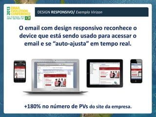 DESIGN RESPONSIVO/ Exemplo Virizon



O email com design responsivo reconhece o
device que está sendo usado para acessar o
  email e se “auto-ajusta” em tempo real.




 +180% no número de PVs do site da empresa.
 