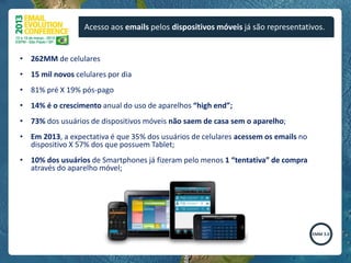 Acesso aos emails pelos dispositivos móveis já são representativos.


• 262MM de celulares
• 15 mil novos celulares por dia
• 81% pré X 19% pós-pago
• 14% é o crescimento anual do uso de aparelhos “high end”;
• 73% dos usuários de dispositivos móveis não saem de casa sem o aparelho;
• Em 2013, a expectativa é que 35% dos usuários de celulares acessem os emails no
  dispositivo X 57% dos que possuem Tablet;
• 10% dos usuários de Smartphones já fizeram pelo menos 1 “tentativa” de compra
  através do aparelho móvel;
 