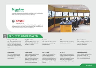 w evio.in
PROJECTS UNDERTAKEN
Schneider is world class Multinational with state-of-the-art solutions in
TM TM
HVACcontrol(TAC )andCCTVsurveillance(PELCO )
Bosch is an innovative key players in the industry of Security Systems
both globally and in the Indian market providing high-quality security,
safetyandcommunicationproductsandsolutions.
Conrad Hilton
Scope - Complete IBMS solution
with close to 1800 Smoke
detectors, 250 Cameras and
IBMS system. to Hilton Conrad
(K. Raheja Group), the first
Conrad hotel in India, the luxury
brand of Hilton Worldwide.
RIL - TC22
Scope - Access Control and CCTV
systems with about 600 Readers
and 250 cameras Security
Solution to a total built up area
of 9.5 lakh sq.ft with seating
capacity of approx 2800 people.
RIL - Car Park
Scope - FAS with around 1500
Detectors, Public Address
System and BMS to control &
Monitor Ventilation and other
third party Systems for the car
park with the capacity of 2000
vehicles.
Ecole Hotelier
SITC of the Fire and Security
systems with Bosch range of
Detectors, Speakers and Access
Control system.
Deenanath Hospital
SITC of the BMS Controlling and
monitoring of HVAC and
Electrical parameters for 100
AHU'S for 1000 bed hospital.
Howard Johnson
SITC of the BMS Controlling and
monitoring of HVAC and
Electrical parameters.
IBM
IBMS Systems with redundancy
for data center at Airoli.
Courtyard Marriott
SITC of the IBMS System's with
1000 No's TYCO sprinklers, 600
No's UTC Fire Smoke detectors,
120 Cameras and 350 speakers of
Bosch.
Sify Data Center
SITC of the IBMS System's with
FAS, NOVEC, WLD, VESDA, ACS,
BMS & CCTV System.
Cummins
SITC of FAS with about 75 beam
detectors for manufacturing
plant at Phaltan.
 