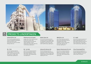 w evio.in
PROJECTS UNDERTAKEN
Ashtech (I) Pvt. Ltd.
SITC of Instrumentation works for
cement mixing plant at Mangalore
(Field Instruments, Inline
Instruments, PLC panel, Air header,
fittings, tubes etc.)
Polynova Ind. Ltd. (Lupin)
Design, SITC of HT/LT electrical works
for their PVC Leather Cloth
Manufacturing unit at GOA (11KV
indoor substation, LT Panel,
UPS/Inverter, HT/LT Cable, Cable Tray
and Raceways, Lighting etc.)
Mehta Tubes Ltd.
SITC of HT/LT electrical works for
manufacturing unit of copper tubes
at Umbergaon, Gujarat (11KV indoor
substation, LT Panel, HT/LT Cable,
Cable Tray/Raceways, Lighting etc.)
IBM (I) Pvt. Ltd.
SITC of HT/LT electrical works for
Data Centre of M/s Bharti Airtel at
Ahmedabad. (11KV indoor
substation, LT Panel, UPS/Inverter,
HT/LT Cable, Cable Tray and
Raceways, Lighting etc.)
IIT – Delhi
SITC of HT/LT electrical works for IIT -
Delhi through IBM India Pvt. Ltd.
(11KV Indoor Substation, Bus duct, LT
Panel, UPS/Inverter, HT/LT Cable,
Cable Tray/Raceways, Lighting etc.)
RIL - TC22
SITC of LT electrical works for
corporate office “TC 22” & “Twin
Tower” at RCP, Ghansoli (LT Panel,
UPS, Inverter, LT Cable, Cable
Tray/Raceways, Lighting etc.)
RIL - Car Park
SITC of HT / LT electrical works for
RG1 car parking at BKC, Mumbai
(11KV indoor substation, LT Panel,
HT/LT Cable, Cable Tray/Raceways
and Lighting etc.)
Johnson & Johnson Ltd.
SITC of LT electrical works for
construction office setup at Kottur,
Hyderabad, (LT Panel, LT Cable, Cable
Tray/Raceways, External/High Mast
Lighting and IT etc.)
Raycon infrastructure Pvt. Ltd.
SITC of HT / LT electrical works for
Raycon IT Park at Nahur, Mumbai.
(11KV indoor substation, LT Panel,
HT/LT Cable, Cable Tray/Raceways,
Lighting etc.)
Citrus Processing (P) Ltd.
SITC of Food Processing Plant at
Nanded. (Lighting Transformer, DB’s,
Cable, Pole, High Mast, Inds / FLP
Switch socket, Tel System)
 