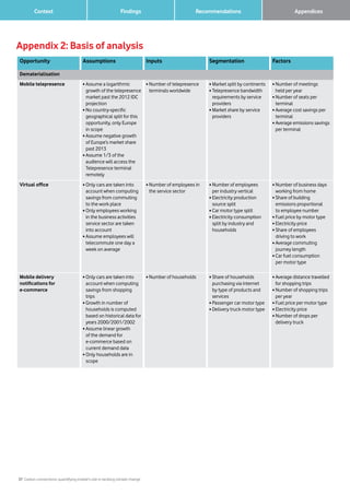 37 Carbon connections: quantifying mobile’s role in tackling climate change
Context Findings Recommendations 		 Appendices
Appendix 2: Basis of analysis
Opportunity Assumptions Inputs Segmentation Factors
Dematerialisation
Mobile telepresence • Assume a logarithmic
growth of the telepresence
market past the 2012 IDC
projection
•No country-specific
geographical split for this
opportunity, only Europe
in scope
•Assume negative growth
of Europe’s market share
past 2013
•Assume 1/3 of the
audience will access the
Telepresence terminal
remotely
•Number of telepresence
terminals worldwide
•Market split by continents
•Telepresence bandwidth
requirements by service
providers
•Market share by service
providers
•Number of meetings
held per year
•Number of seats per
terminal
•Average cost savings per
terminal
•Average emissions savings
per terminal
Virtual office •Only cars are taken into
account when computing
savings from commuting
to the work place
•Only employees working
in the business activities
service sector are taken
into account
•Assume employees will
telecommute one day a
week on average
•Number of employees in
the service sector
•Number of employees
per industry vertical
•Electricity production
source split
•Car motor type split
•Electricity consumption
split by industry and
households
•Number of business days
working from home
•Share of building
emissions proportional
to employee number
•Fuel price by motor type
•Electricity price
•Share of employees
driving to work
•Average commuting
journey length
•Car fuel consumption
per motor type
Mobile delivery
notifications for
e-commerce
•Only cars are taken into
account when computing
savings from shopping
trips
•Growth in number of
households is computed
based on historical data for
years 2000/2001/2002
•Assume linear growth
of the demand for
e-commerce based on
current demand data
•Only households are in
scope
•Number of households •Share of households
purchasing via internet
by type of products and
services
•Passenger car motor type
•Delivery truck motor type
•Average distance travelled
for shopping trips
•Number of shopping trips
per year
•Fuel price per motor type
•Electricity price
•Number of drops per
delivery truck
 