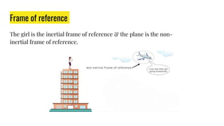 Frame of reference
The girl is the inertial frame of reference & the plane is the non-
inertial frame of reference.
 