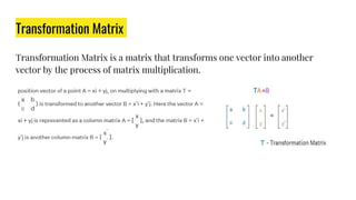 Transformation Matrix
Transformation Matrix is a matrix that transforms one vector into another
vector by the process of matrix multiplication.
 