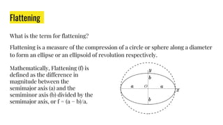 Flattening
What is the term for flattening?
Flattening is a measure of the compression of a circle or sphere along a diameter
to form an ellipse or an ellipsoid of revolution respectively.
Mathematically, Flattening (f) is
defined as the difference in
magnitude between the
semimajor axis (a) and the
semiminor axis (b) divided by the
semimajor axis, or f = (a − b)/a.
 