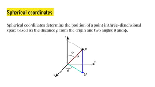 Spherical coordinates
Spherical coordinates determine the position of a point in three-dimensional
space based on the distance ρ from the origin and two angles θ and ϕ.
 