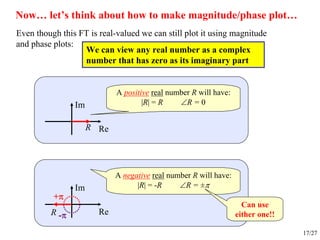 17/27
Even though this FT is real-valued we can still plot it using magnitude
and phase plots:
We can view any real number as a complex
number that has zero as its imaginary part
Re
Im
A positive real number R will have:
|R| = R ∠R = 0
R
Re
Im
A negative real number R will have:
|R| = -R ∠R = ±π
R
+π
-π
Can use
either one!!
Now… let’s think about how to make magnitude/phase plot…
 