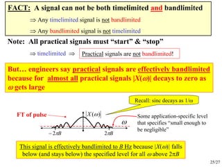 25/27
FACT: A signal can not be both timelimited and bandlimited
⇒ Any timelimited signal is not bandlimited
⇒ Any bandlimited signal is not timelimited
This signal is effectively bandlimited to B Hz because |X(ω)| falls
below (and stays below) the specified level for all ω above 2πB
But… engineers say practical signals are effectively bandlimited
because for almost all practical signals |X(ω)| decays to zero as
ω gets large
Practical signals are not bandlimited!
Note: All practical signals must “start” & “stop”
⇒ timelimited ⇒
ω
Bπ2−
)(ωX
Bπ2
FT of pulse Some application-specific level
that specifies “small enough to
be negligible”
Recall: sinc decays as 1/ω
 