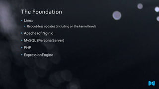The Foundation
• Linux
• Reboot-less updates (including on the kernel level)

• Apache (of Nginx)
• MySQL (Percona Server)
• PHP
• ExpressionEngine

 