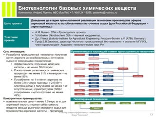 Биотехнологии базовых химических веществ
            Контакты: Андрей Яценко, НБС-БиоЛаб, +7 (499) 241-3586, yatsenko@natinco.ru


                     Доведение до стадии промышленной реализации технологии производства эфиров
Цель проекта         акриловой кислоты из возобновляемых источников сырья (для Российской Федерации –
                     зерно пшеницы)

                         А.М.Яценко. CFA – Руководитель проекта,
                         V.Kolbakov (Nordbiochem OU) – Научный координатор,
Участники
                         Др.J.Venus (Leibniz-Institute for Agricultural Engineering Potsdam-Bornim e.V. (ATB), Germany),
проекта
                         Проф.В.В.Бирюков, директор Института промышленной биотехнологии и экологии МГУ ИЭ,
                          член-корреспондент Академии технологических наук РФ

Суть инновации:                                         Применяемые в настоящий момент промышленные технологии
 Разработка промышленной технологии получения
  метил акрилата из возобновляемых источников
  сырья со следующими показателями:
       Эффективности получения молочной
        кислоты – не менее 50 г/л в час
       Показателями селективности химических
        процессов - не менее 91% и конверсии – не
        менее 85%
       Потребление на 1 кг метил акрилата не
        более 3.0 кг зерна пшеницы и 2.5 кВт*ч
        электроэнергии с получением не менее 1 кг
        сопутствующих кормопродуктов (БВД с
        содержанием сырого протеина не менее
        49%)
Конкурентные преимущества:                                Пилотируемая технология
 привлекательная цена – менее 1.0 евро за кг для            Wheat grain     Glucose         Lactic Acid   Lactic Ester   Acrylate Ester
  акриловой кислоты (полная себестоимость
  продукта меньше рыночной стоимости сырья для                             Protein-Vitamin
                                                                              Additives

  производства акриловой кислоты – пропилена)
                                              Кластер энергоэффективных технологий
                                                         Фонд "Сколково"                                                                   13
 