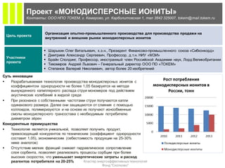 Проект «МОНОДИСПЕРСНЫЕ ИОНИТЫ»
              Контакты: ООО НПО ТОКЕМ, г. Кемерово, ул. Карболитовская 1, тел 3842 325007, tokem@mail.tokem.ru



                       Организация опытно-промышленного производства для производства продажи на
  Цель проекта
                       внутренний и внешние рынки монодисперсных ионитов


                         Шарыкин Олег Витальевич, к.э.н., Президент Финансово-промышленного союза «Сибконкорд»
                         Дмитриев Александр Сергеевич, Профессор, д.т.н. НИУ «МЭИ»
  Участники
                         Брайн Сполдинг, Профессор, иностранный член Российской Академии наук, Лорд Великобритании
  проекта
                         Тихомиров Андрей Львович – Генеральный директор ООО ПО «ТОКЕМ»
                         Степанов Валерий Николаевич, автор более 20 изобретений

Суть инновации
   Разрабатываемая технология производства монодисперсных ионитов с
    коэффициентом однородности не более 1,05 базируется на методе
    вынужденного капиллярного распада струи мономеров под действием
    акустических колебаний в жидкой среде
   При резонансе с собственными частотами струи получаются капли
    одинакового размера. Далее они защищаются от слияния с помощью
    коллоидов, полимеризуются и на основе их получают ионообменные
    смолы монодисперсного грансостава с необходимым потребителю
    диаметром зѐрен
Конкурентные преимущества
   Технология является уникальной, позволяет получить продукт,
    превосходящий конкурентов по техническим (коэффициент однородности
    составит 1,05), экономическим (себестоимость продукции на 25-30%
    ниже аналогов)
   Отсутствие мелких фракций снижает гидравлическое сопротивление
    слоя сорбента, позволяет реализовать процессы сорбции при более
    высоких скоростях, что уменьшает энергетические затраты и расход
    реагентов потребителя на 20-25%        Кластер энергоэффективных технологий
                                                      Фонд "Сколково"
 