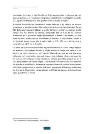 ESTUDIO EUROPEO DE COMPETENCIA LINGÜÍSTICA (EECL)
CAPÍTULO IV
motivación, el interés y el nivel de esfuerzo de los alumnos. Cabe resaltar que para los
alumnos que tienen el Francés como asignatura obligatoria, los resultados de la prueba
EECL siguen siendo superiores a los que han hecho la prueba de Inglés.9
Al analizar la variable que aproxima el tiempo dedicado a los deberes de idiomas
extranjeros, se aprecian también diferencias importantes entre Francés e Inglés. Así, un
40% de los alumnos examinados en la prueba de Francés señalan que dedican mucho
tiempo para los deberes de Francés, comparado con un 53% de los alumnos
examinados en la prueba de Inglés que contestan lo mismo. Obviamente, hay que
tener en cuenta que los centros, en sus horarios, dedican a la asignatura de Francés, al
ser opcional, menos tiempo que al Inglés: según el EECL, 2,79 horas de Francés a la
semana frente a 3,35 horas de Inglés.
Los datos del cuestionario del alumno no permiten identificar cuánto tiempo dedican
los alumnos a los deberes de Francés/Inglés relativo al tiempo que dedican a los
deberes de otras asignaturas, por ejemplo Matemáticas, que es una asignatura
obligatoria muy importante y que suele requerir más trabajo y esfuerzo por parte de
los alumnos. Sin embargo, hemos incluido una variable que indica, al igual que en el
caso de los deberes de Francés/Inglés, si los alumnos dedican mucho o poco tiempo a
los deberes de Matemáticas. Otra vez se observan diferencias entre las dos muestras:
un 63% de los alumnos de la muestra de Francés afirman que dedican mucho tiempo a
los deberes de Matemáticas comparado con un 53% de los alumnos de la muestra de
Inglés que afirman lo mismo.
9
Estos resultados están disponibles para quien esté interesado.
 