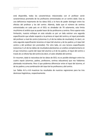 ESTUDIO EUROPEO DE COMPETENCIA LINGÜÍSTICA (EECL)
CAPÍTULO IV
90
está disponible, todas las características relacionadas con el profesor serán
características promedio de los profesores entrevistados en un centro dado. Esta es
una deficiencia importante de los datos EECL a la hora de poder distinguir entre los
efectos del profesor y los del centro. Además, dado que el número de centros
entrevistados en cada país en el EECL es alrededor de 70 solamente, esto limita
muchísimo el análisis que se puede hacer de los profesores y centros. Para superar esta
limitación, nuestro enfoque en este estudio es por un lado estimar una segunda
especificación que añade respecto a la primera el input del centro y el input promedio
del profesor a nivel de centro (columnas 3 y 4 de las tablas de resultados). Es decir, en
esta segunda especificación tenemos el input del alumno y de los padres y el input del
centro y del profesor (en promedio). Por otro lado, en una tercera especificación
(columnas 5 y 6 de las tablas de resultados) planteamos un análisis complementario en
el que incluimos a parte del input del alumno y el de los padres, el input del centro a
través de un efecto fijo del centro (es decir, el valor añadido del centro).
En resumen, dada la naturaleza de los datos de EECL no es posible distinguir entre los
cuatro inputs (alumnos, padres, profesores, centros educativos) que nos habíamos
planteado inicialmente. Pero sí que podemos diferenciar entre el input del alumno, el
de los padres y una combinación del input de los profesores y del centro.
Las Tablas 4.4 a 4.6 muestran los resultados de nuestras regresiones para las tres
destrezas lingüísticas, respectivamente.
 