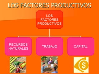LOS FACTORES PRODUCTIVOS
                LOS
             FACTORES
            PRODUCTIVOS




RECURSOS
              TRABAJO     CAPITAL
NATURALES
 