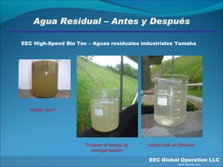 Agua Residual – Antes y Después EEC High-Speed Bio Tec – Aguas residuales industriales Yamaha Vertido “puro” Posterior al tanque de homogenización Vertido final sin filtración EEC Global Operation LLC   www.eecusa.com 