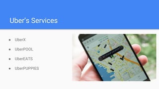 Uber’s Services
● UberX
● UberPOOL
● UberEATS
● UberPUPPIES
 