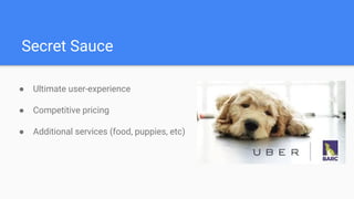 Secret Sauce
● Ultimate user-experience
● Competitive pricing
● Additional services (food, puppies, etc)
 