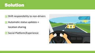 Shift responsibility to non-drivers
Automatic status updates +
location sharing
Social Platform/Experience
Solution
 