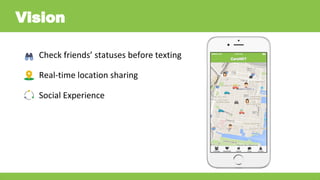 Check friends’ statuses before texting
Real-time location sharing
Social Experience
Vision
 