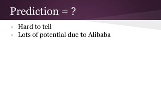 Prediction = ?
- Hard to tell
- Lots of potential due to Alibaba
 
