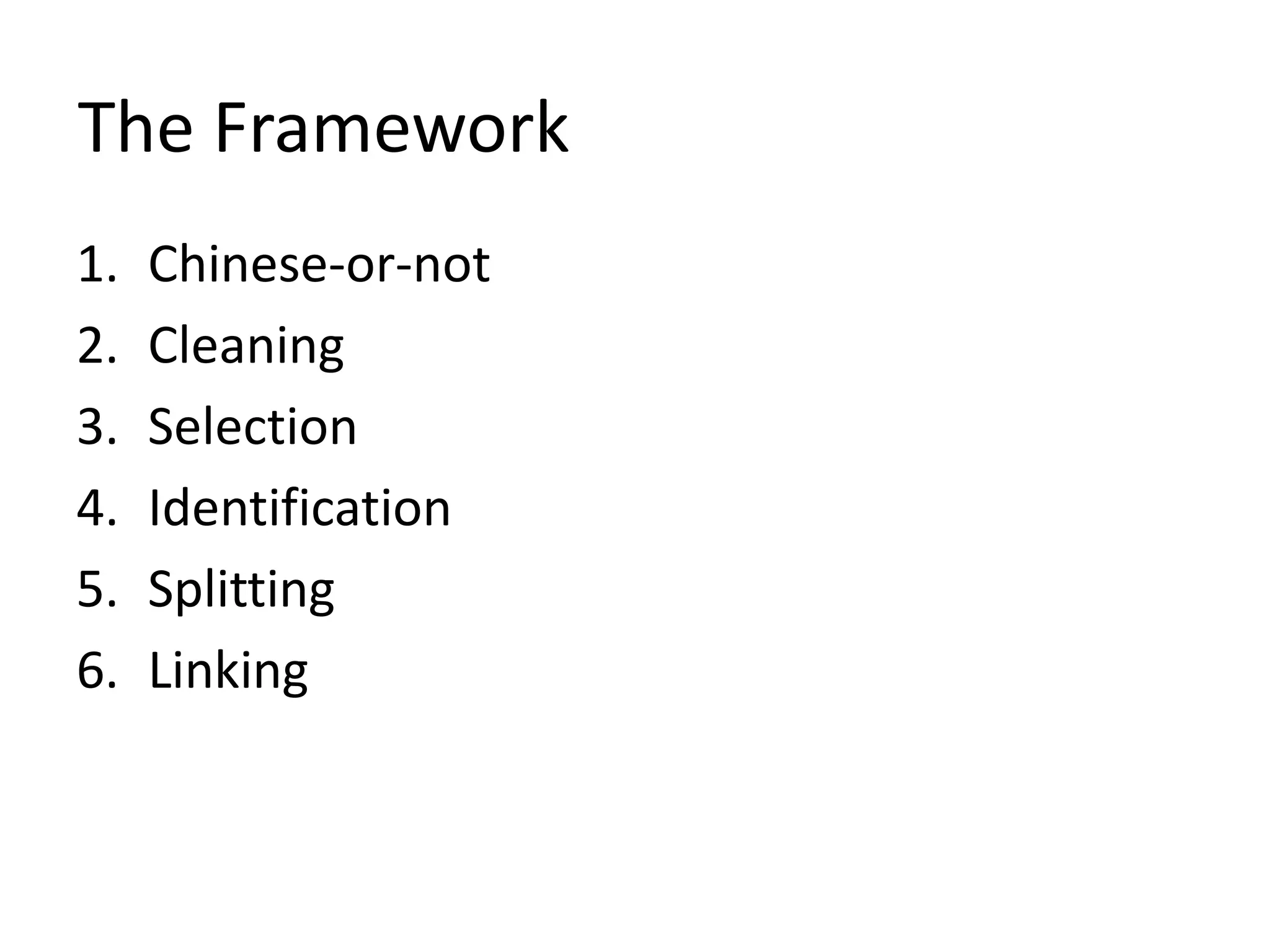 The Framework
1. Chinese-or-not
2. Cleaning
3. Selection
4. Identification
5. Splitting
6. Linking
 
