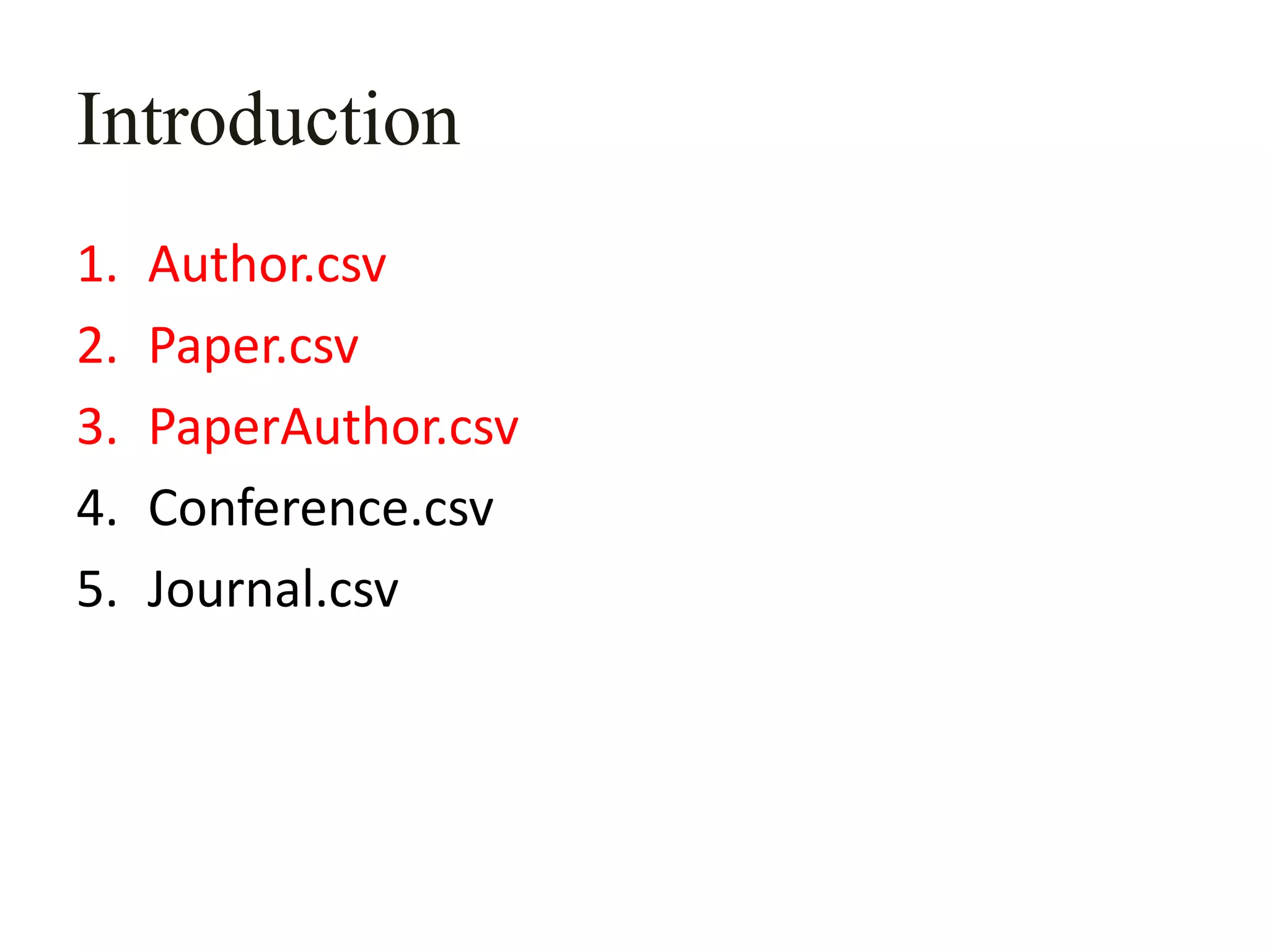 Introduction
1. Author.csv
2. Paper.csv
3. PaperAuthor.csv
4. Conference.csv
5. Journal.csv
 