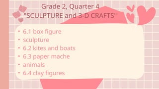 Grade 2, Quarter 4
"SCULPTURE and 3-D CRAFTS"
• 6.1 box figure
• sculpture
• 6.2 kites and boats
• 6.3 paper mache
• animals
• 6.4 clay figures
 