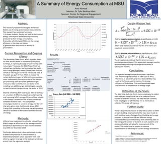 A Summary of Energy Consumption at MSU
Amir Ahmadi
Mentor: Dr. Tyler Berkley Mark
Sponsor: Center for Regional Engagement
Morehead State University
Current Renovation and Ongoing
Efforts:
The Morehead Power Plant, which provides steam
for heat and hot water in Morehead State (MSU)
buildings, is replacing its usage of coal-burning with
natural gas. Previously, the MSU Power Plant has
utilized two coal boilers and one natural gas boiler.
MSU Energy Manager, Robert Cooper, said that the
switch to natural gas as the sole fuel source used at
the plant was part of their efforts to reduce the
carbon pollution impact of MSU on the surrounding
area. Undoubtedly, the construction of the natural
gas processing plant will lower greenhouse gas
emissions. MSU currently runs one boiler and is
installing two additional gas boilers to gain capacity
to heat the entire campus during the winter of 2012.
Beyond converting from coal to gas, MSU is working
on a number of different projects aimed a lowering
and improving MSU’s energy efficiency. Most notably
is the Energy Competition that is being conducted
between residents halls. This competition
encourages student to conserve energy and the hall
that wins gets a prize. Additionally, a new MSU
Energy Club is working on forming that will provide a
venue for students to learn about different sources
of energy.
Methods:
Utilize a linear regression to estimate kilowatt hour
(KWH) usages as a function of the average monthly
temperature (fahrenheit) for each month between
July 2006 and November 2009.
The Durbin-Watson test is then performed in order
to detect the presence of autocorrelation (a
relationship between values separated from each
other by a given time lag) in the residuals (prediction
errors) from the regression analysis.
References:
1Cooper Robert Interview. 19 April 2012.
2Daagan, Douglas M. "A Summary of Energy Consumption and Greenhouse Gas Emissions at
Middlebury College." Community.middlebury.edu. Middlebury College. Web.
<http://community.middlebury.edu/~cri/Emissions_InvD_dagan.pdf>.
This research project will investigate Morehead
State’s use of energy and emission measurements.
This research has numerous functions;
1) it allows students, faculty and staff to learn about
energy consumption and eventually emissions
produced by their energy consumption,
2) provides a link between MSU and the energy
efficiency in the state and nation,
3) generate data that would be worthy of
presentation.
Abstract:
Results :
Conclusions:
SUMMARY OUTPUT
Regression Statistics
Multiple R 0.877755921
R Square 0.770455457
Adjusted R Square 0.7645697
Standard Error 330074.5338
Observations 41
ANOVA
df SS MS F Significance F
Regression 1 1.42616E+13 1.42616E+13 130.9016648 4.94371E-14
Residual 39 4.24902E+12 1.08949E+11
Total 40 1.85107E+13
Coefficients Standard Error t Stat P-value
Intercept 651097.4889 204532.222 3.183349218 0.002858203
AVG TEMP 40322.61789 3524.326499 11.44122654 4.94371E-14
0.00
500000.00
1000000.00
1500000.00
2000000.00
2500000.00
3000000.00
3500000.00
4000000.00
4500000.00
0 10 20 30 40 50 60 70 80 90
KWH
AVG TEMP
AVG TEMP Line Fit Plot
KWH
Predicted KWH
Durbin-Watson Test:
Test for negative autocorrelation at significance α = 0.01
There is no statistical evidence that the error terms are
negatively autocorrelated.
Test for positive autocorrelation at significance α = 0.01
There is statistical evidence that the error terms are
positively autocorrelated. This agrees with average monthly
temperatures predicting the temperature values of
subsequent months.
As expected average temperature plays a significant
role determining the number of KWH used at MSU.
Therefore, as we continue to move forward MSU may
want to find more ways to improve the energy
efficiency of its building. This could potentially lower
the influence of temperature on energy usage.
There is a significant amount of data left to collect on KWH
on each building, improvements that have been made to
each building, square footage of each building and energy
provided by source from the two different energy
companies MSU purchases energy from.Obtaining data on
the energy and number of students in each academic and
residence building will allow for improvement of the
model. This model may be applied to observe
improvements in efficiency for current energy renovations.
Further Study:
Difficulties of the Study:
The data for a study like this is more complicated to collect
than originally thought and has to be collected from a
number of different sources. The data that we currently
have only begins to tell the story and as more data is
collected this study will improve.
0.00
500,000.00
1,000,000.00
1,500,000.00
2,000,000.00
2,500,000.00
3,000,000.00
3,500,000.00
4,000,000.00
4,500,000.00
0.0
10.0
20.0
30.0
40.0
50.0
60.0
70.0
80.0
KWHUsage
AverageTemperature
Month
Average Temperature vs. KWH from Jan. 08 to June 09
AVE. TEMP KWH
 