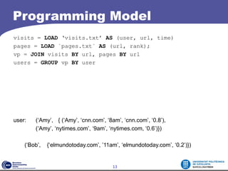 Programming Model
visits = LOAD ‘visits.txt’ AS (user, url, time)
pages = LOAD `pages.txt` AS (url, rank);
vp = JOIN visits BY url, pages BY url
users = GROUP vp BY user




user:   (‘Amy’, { (‘Amy’, ‘cnn.com’, ‘8am’, ‘cnn.com’, ‘0.8’),
        (‘Amy’, ‘nytimes.com’, ‘9am’, ‘nytimes.com, ‘0.6’)})

    (‘Bob’,   {‘elmundotoday.com’, ’11am’, ‘elmundotoday.com’, ‘0.2’)})


                                        13
 