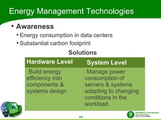 Energy Management Technologies
●
    Awareness
    ●
      Energy consumption in data centers
    ●
      Substantial carbon footprint
                    Solutions
        Hardware Level    System Level
         Build energy            Manage power
        efficiency into         consumption of
        components &            servers & systems
        systems design          adapting to changing
                                conditions in the
                                workload

                           10
 