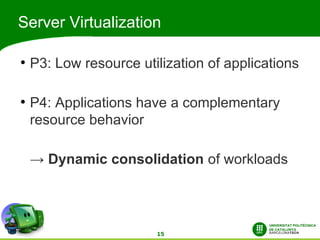 Server Virtualization

●
    P3: Low resource utilization of applications

●
    P4: Applications have a complementary
    resource behavior

    → Dynamic consolidation of workloads




                        15
 