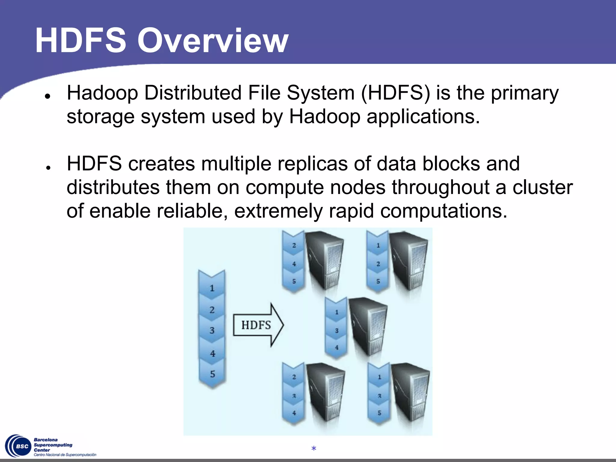 HDFS Overview
●   Hadoop Distributed File System (HDFS) is the primary
    storage system used by Hadoop applications.

●   HDFS creates multiple replicas of data blocks and
    distributes them on compute nodes throughout a cluster
    of enable reliable, extremely rapid computations.




                              *
 