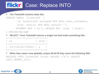 		Case: Replace INTOThe Tickets64 schema looks like:CREATE TABLE `Tickets64` ( 	`id` bigint(20) unsigned NOT NULL auto_increment,`stub` char(1) NOT NULL default '',	PRIMARY KEY (`id`), UNIQUE KEY `stub` (`stub`)) ENGINE=MyISAMSELECT * from Tickets64 returns a single row that looks something like:+-------------------+------+ | id 			| stub |+-------------------+------+| 72157623227190423 | a 	| +-------------------+------+ When they need a new globally unique 64-bit ID they issue the following SQL:REPLACE INTO Tickets64 (stub) VALUES ('a'); SELECT LAST_INSERT_ID(); 